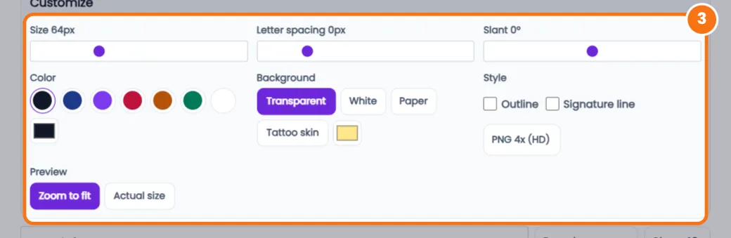 Size, slant, color and background controls in the cursive generator