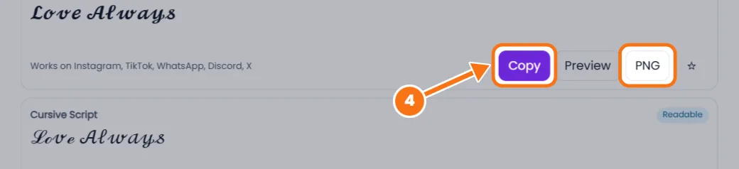 Copy and Download PNG buttons on a cursive text style
