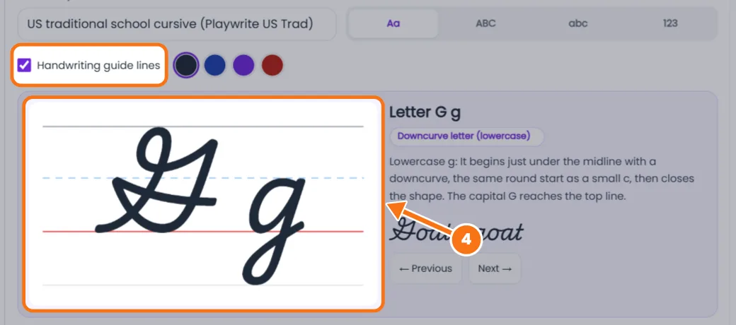Cursive letter on handwriting guide lines with top line, midline and baseline