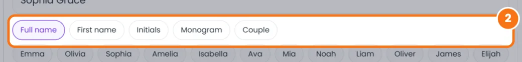 Name format options: full name, first name, initials, monogram and couple