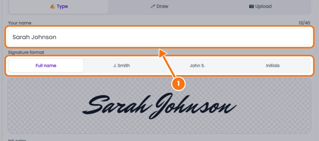 Typing a name and picking a signature format