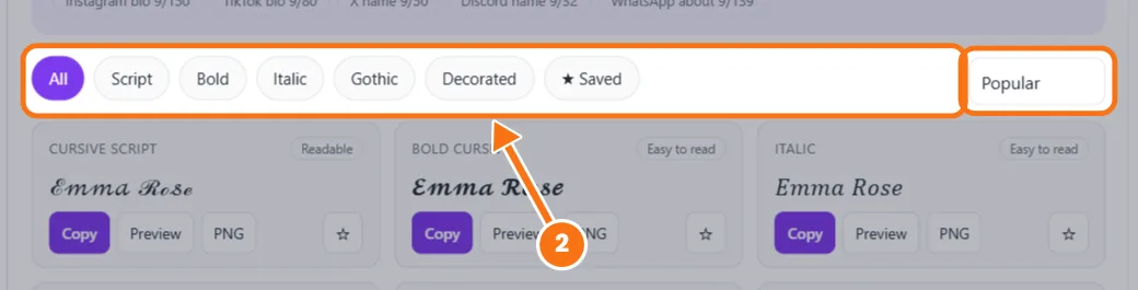 Style filters and Most readable sort in the cursive text generator