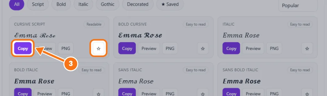 Copy button and save star on a cursive text style card