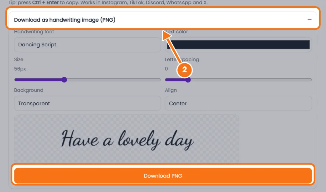 Download as handwriting image options and Download PNG button