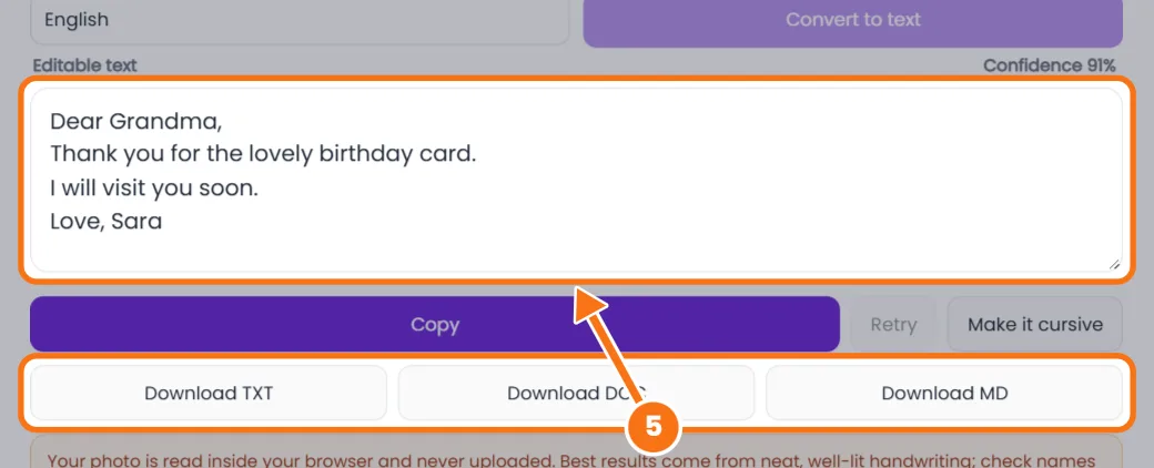 Editing OCR text and downloading it as TXT, DOC or MD