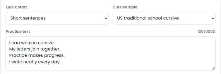 Typing practice text and choosing a quick start in the cursive worksheet generator