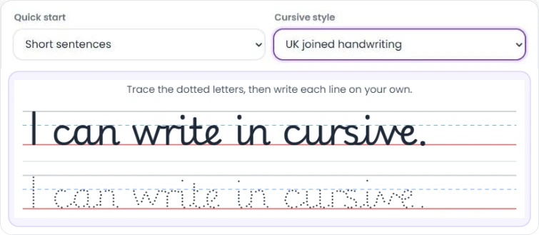 Choosing a school cursive style with a live dotted tracing preview
