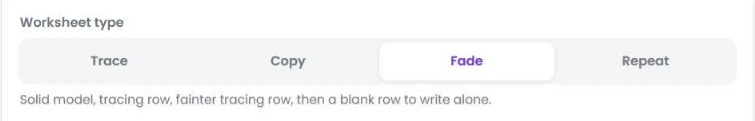 Selecting the worksheet type: trace, copy, fade or repeat