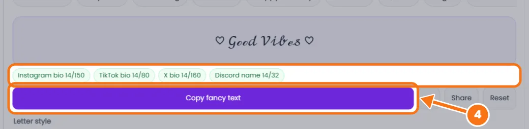 Copy fancy text button and app character limit badges
